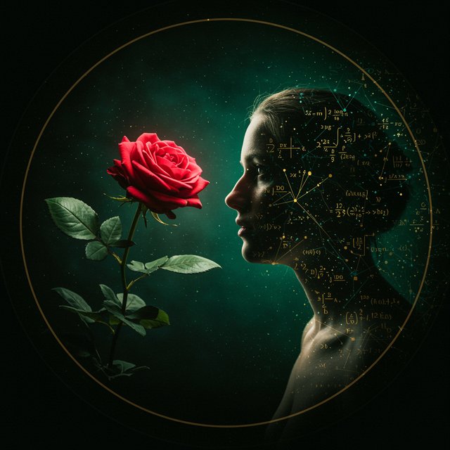 Eine Silhouette betrachtet eine leuchtend rote Rose – Das Hard Problem des Bewusstseins