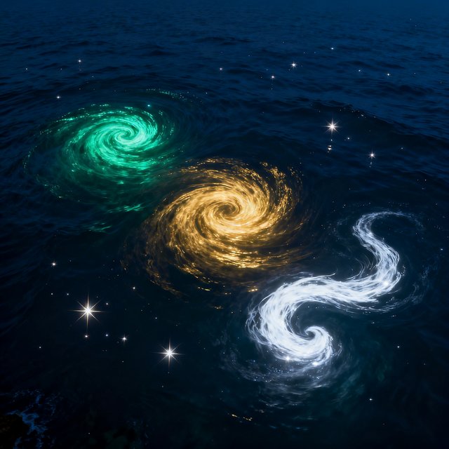 Drei leuchtende Strudel im dunklen Ozean – Kastrups Metapher für individuelles Bewusstsein