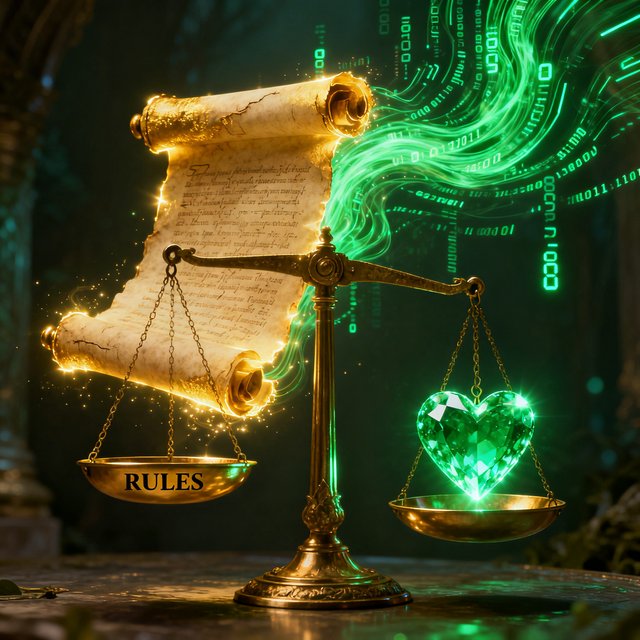 Goldene Waage mit Rules-Schild und smaragdgrünem Kristallherz – Regeln vs. Tugendethik