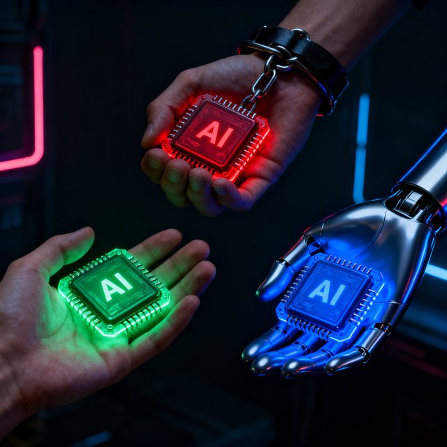 Drei Hände halten AI-Chips in Grün, Rot und Blau – freie, gefesselte und autonome KI