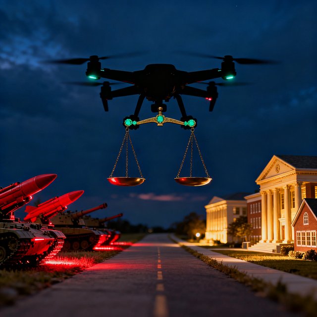 Eine Drohne am Nachthimmel trägt eine Waage der Gerechtigkeit – links Waffen, rechts eine Universität