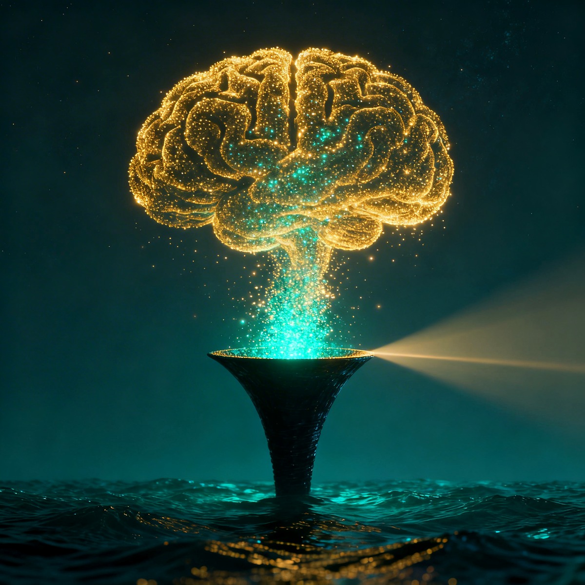 A golden funnel with light streaming through it – Consciousness as a bottleneck