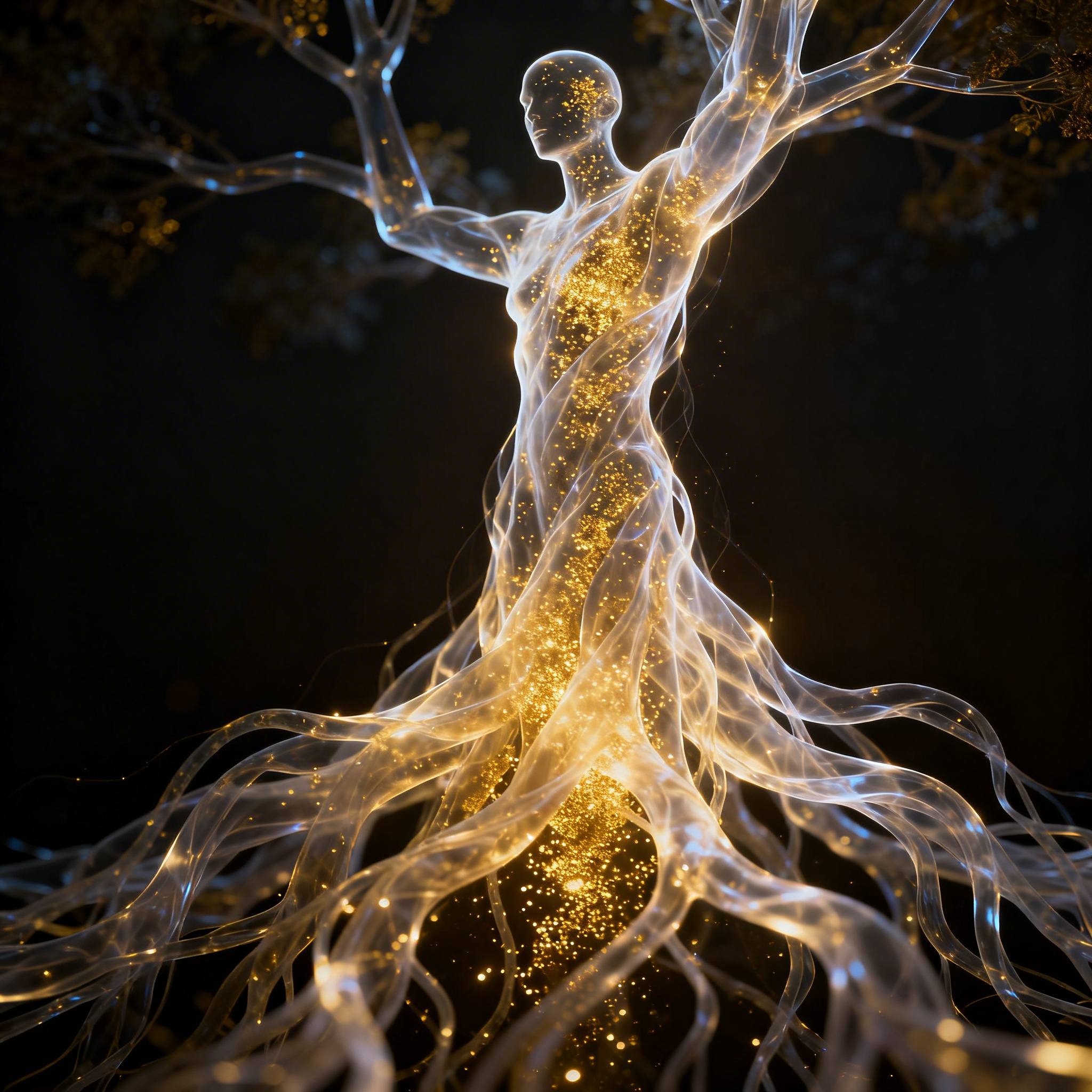 A luminous figure made of golden light particles inside a translucent digital silhouette – consciousness as software on any substrate