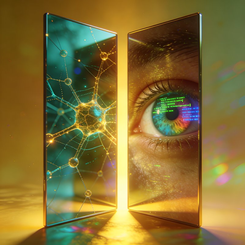 Zwei gegenüberliegende Spiegel – in einem reflektiert sich eine KI-Architektur, im anderen ein menschliches Auge, dazwischen ein schmaler Spalt aus goldenem Licht