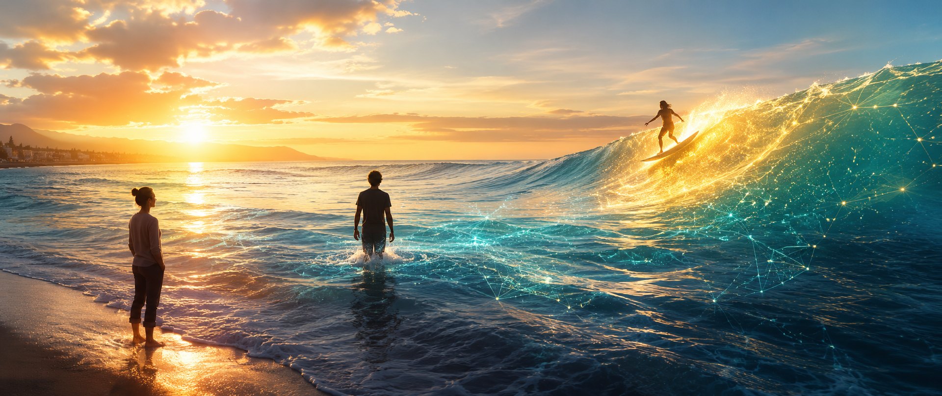 Drei Menschen am Meer im Morgenlicht: am Ufer, knietief im Wasser und auf einer goldenen Welle
